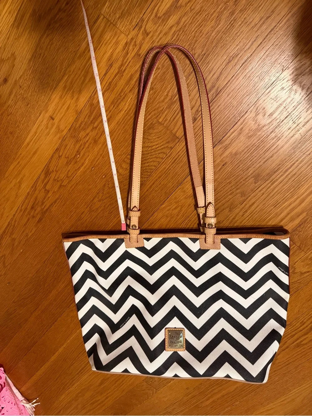 Dooney & Bourke Large Black & White Chevron Tote with Tan Trim